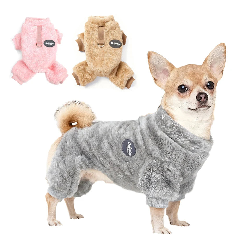 Roupas de inverno para cães e gatos de pequeno porte, como chihuahua e yorkshire, incluindo suéteres, pijamas de lã e outras peças confortáveis e quentinhas, indicadas tanto para machos quanto fêmeas.