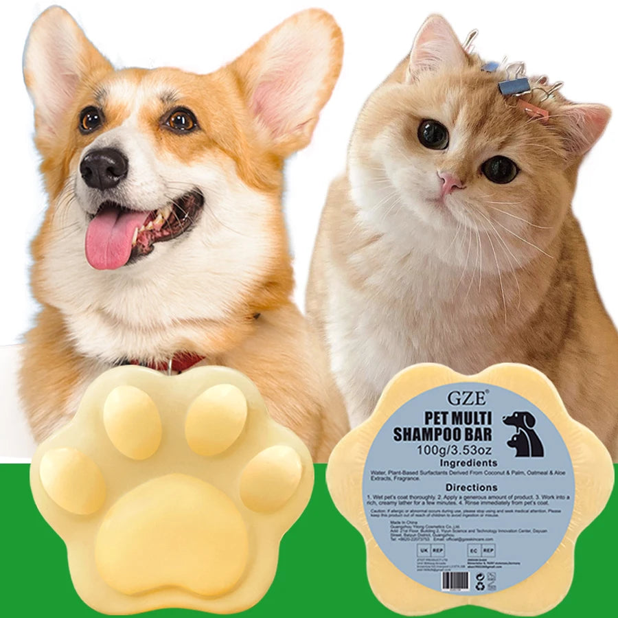 Sabonete em barra 2 em 1 (shampoo e condicionador) da GZE para cães e gatos, ideal para pele sensível, ajudando no alívio de coceiras, irritações, alergias e manchas quentes.