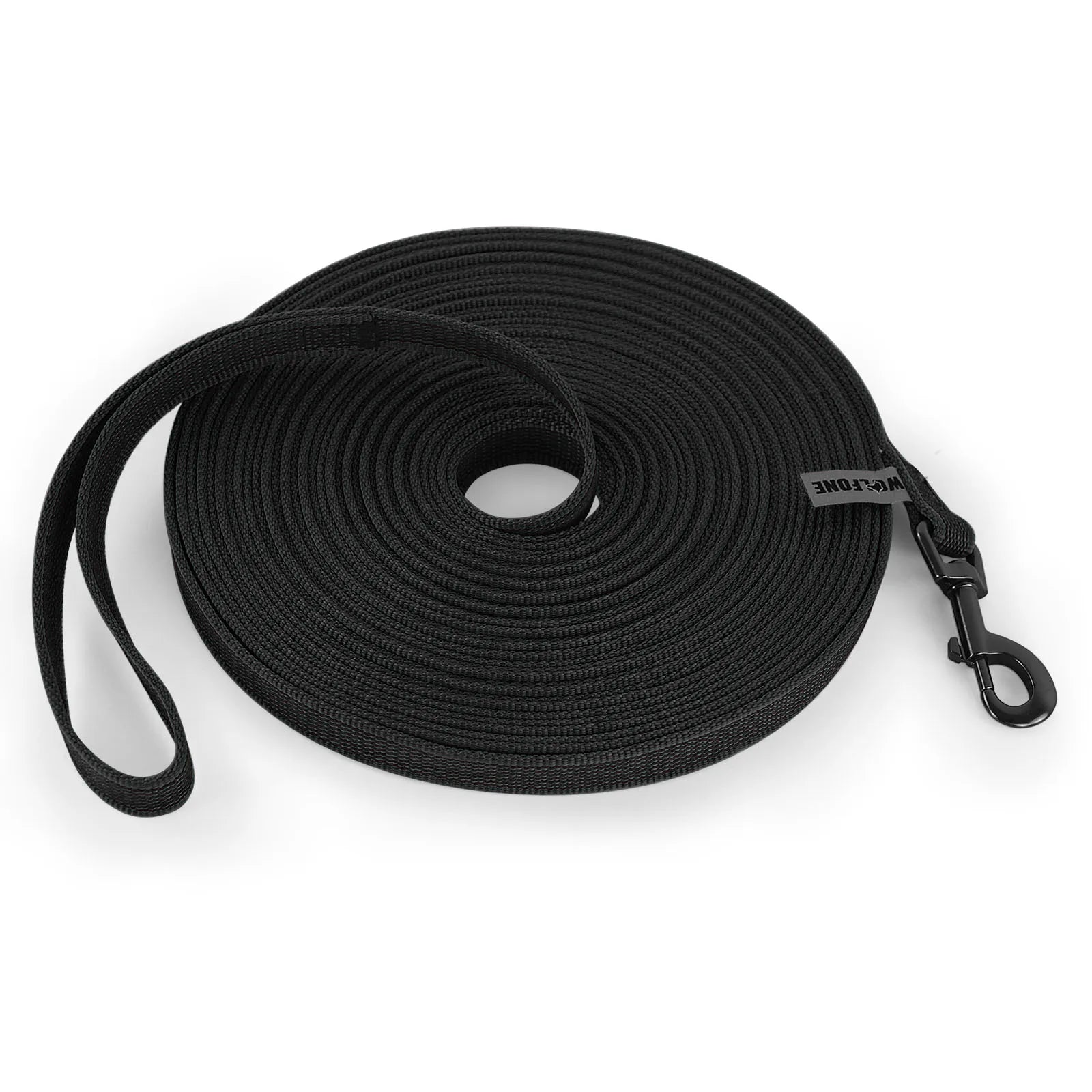 Guia para cães de vários tamanhos (1,5m a 15m), feita em látex e seda, dupla cor, ideal para treinamento fácil e prático.