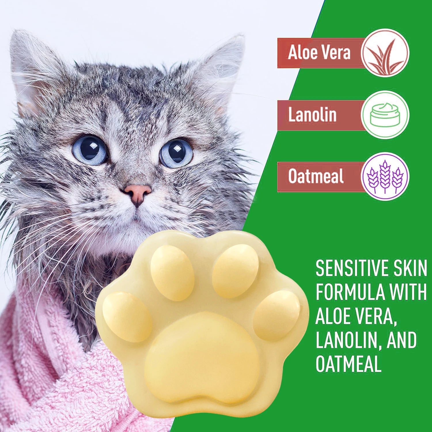 Sabonete em barra 2 em 1 (shampoo e condicionador) da GZE para cães e gatos, ideal para pele sensível, ajudando no alívio de coceiras, irritações, alergias e manchas quentes.