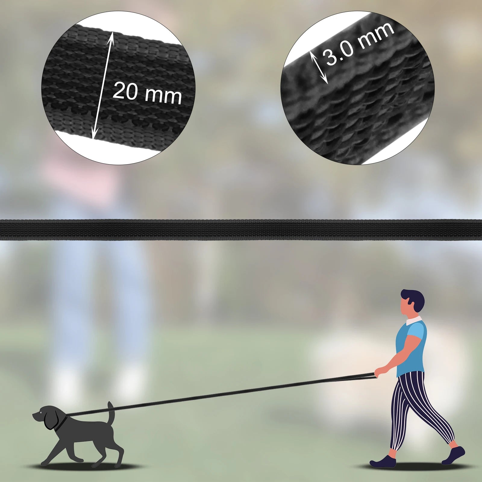 Guia para cães de vários tamanhos (1,5m a 15m), feita em látex e seda, dupla cor, ideal para treinamento fácil e prático.