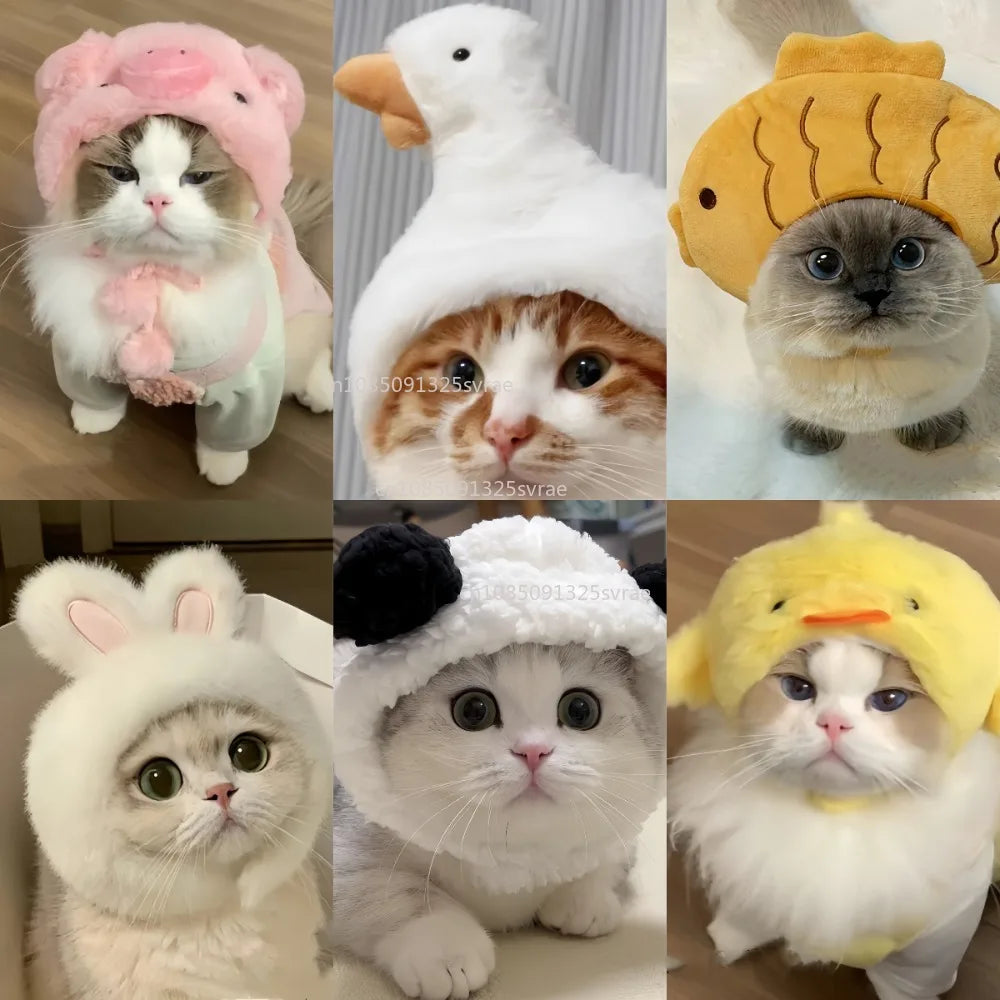 Chapéu fofo e aconchegante para gatos e filhotes, feito de pelúcia ou malha com elástico, ideal para o inverno, festas, cosplay ou decoração pet.