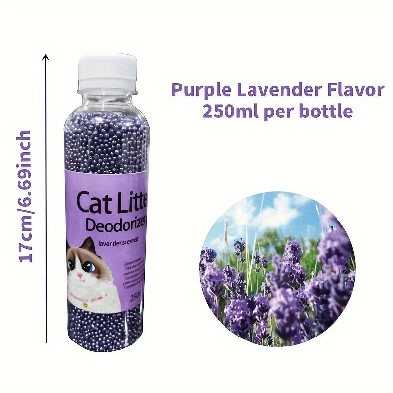 Desodorante em grânulos para caixa de areia de gatos, com 6 fragrâncias, ajuda a absorver odores e manter o banheiro do pet mais limpo e cheiroso.