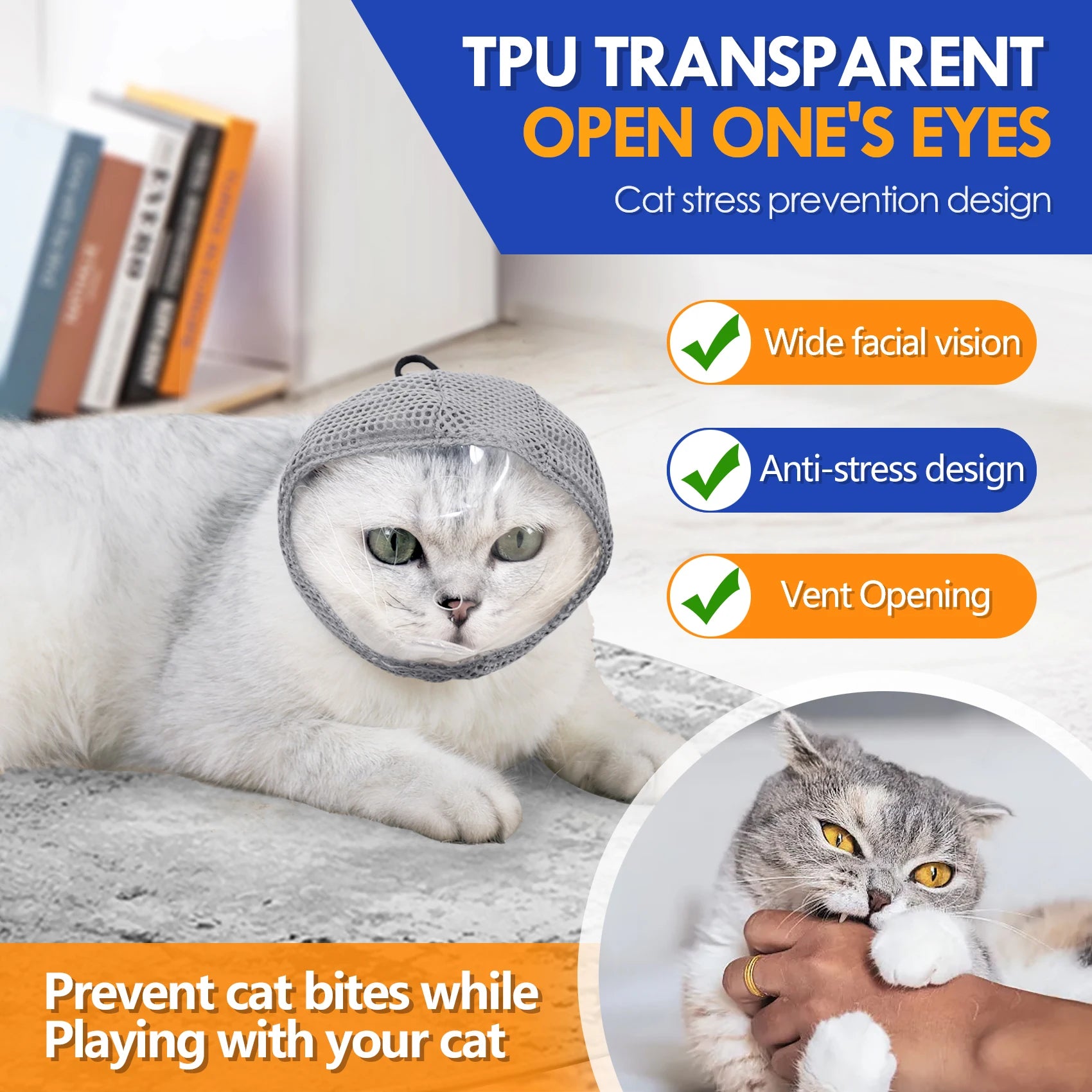 Focinheira para gatos para tosa, máscara anti-mordida transparente ajustável para cortar unhas