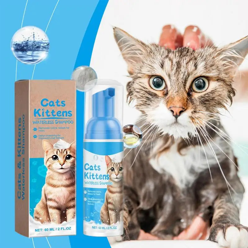 Shampoo antipulgas seco para gatos, de secagem rápida, sem enxágue e seguro para lamber – fórmula suave em espuma, ideal para a higiene prática dos felinos.