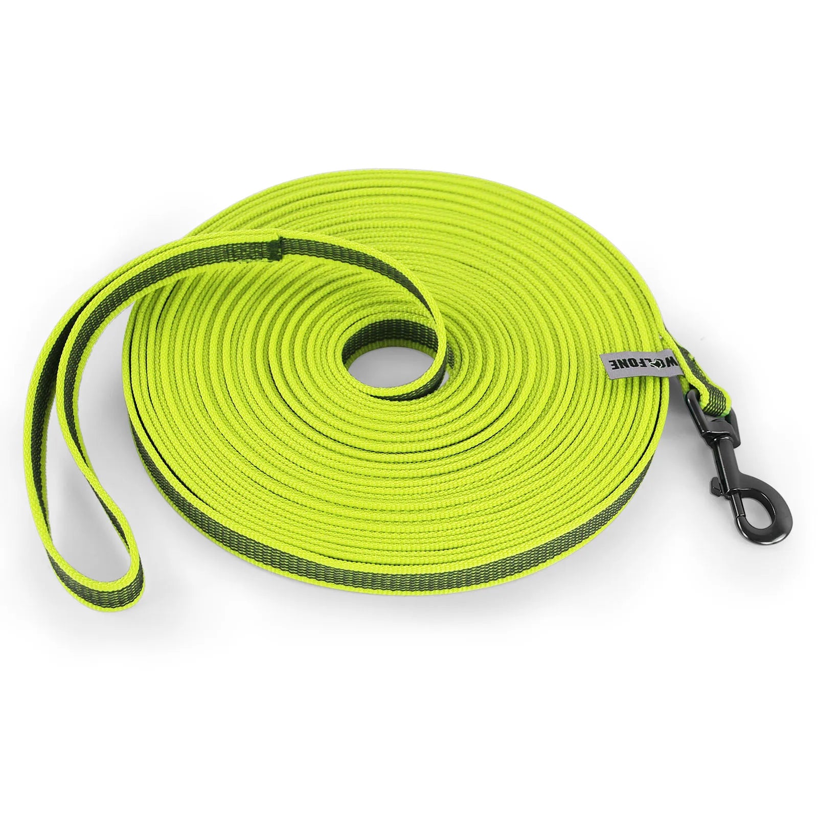 Guia para cães de vários tamanhos (1,5m a 15m), feita em látex e seda, dupla cor, ideal para treinamento fácil e prático.