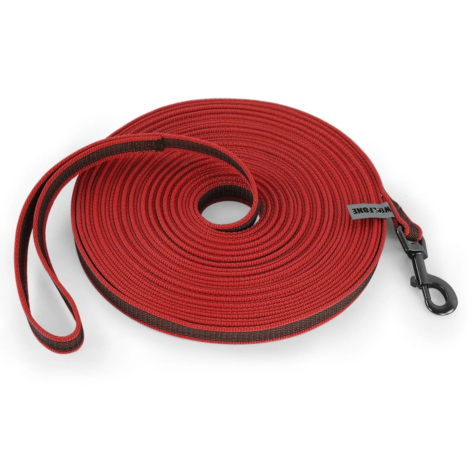 Guia para cães de vários tamanhos (1,5m a 15m), feita em látex e seda, dupla cor, ideal para treinamento fácil e prático.