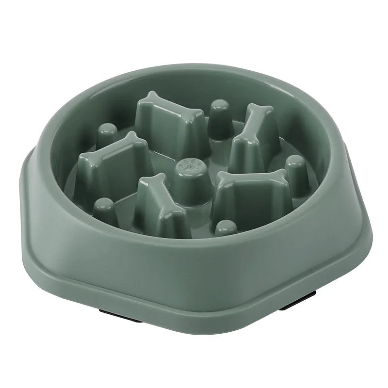 Tigela de comida lenta para cães e gatos, antiderrapante, redonda e espessa, ajuda a reduzir a gordura e promove uma alimentação mais saudável; disponível em várias cores e formatos.