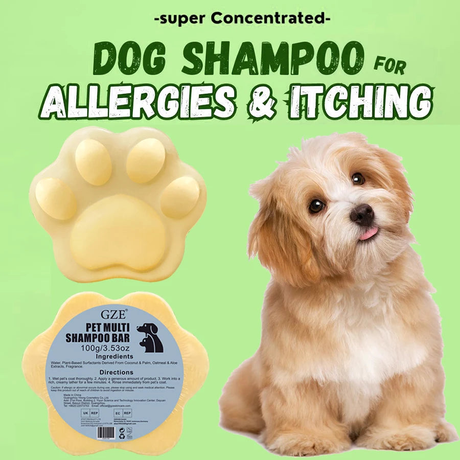 Sabonete em barra 2 em 1 (shampoo e condicionador) da GZE para cães e gatos, ideal para pele sensível, ajudando no alívio de coceiras, irritações, alergias e manchas quentes.