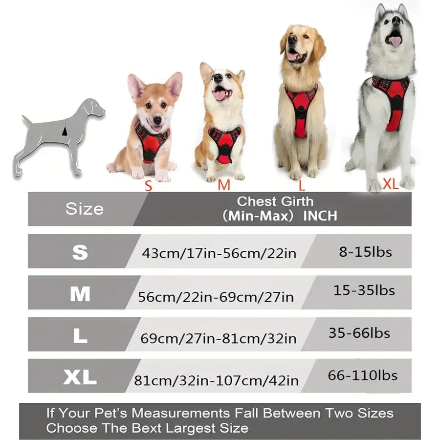 Coleira peitoral resistente para cães grandes, com clipe frontal antitranco, alça de controle fácil e tiras refletivas para maior segurança.