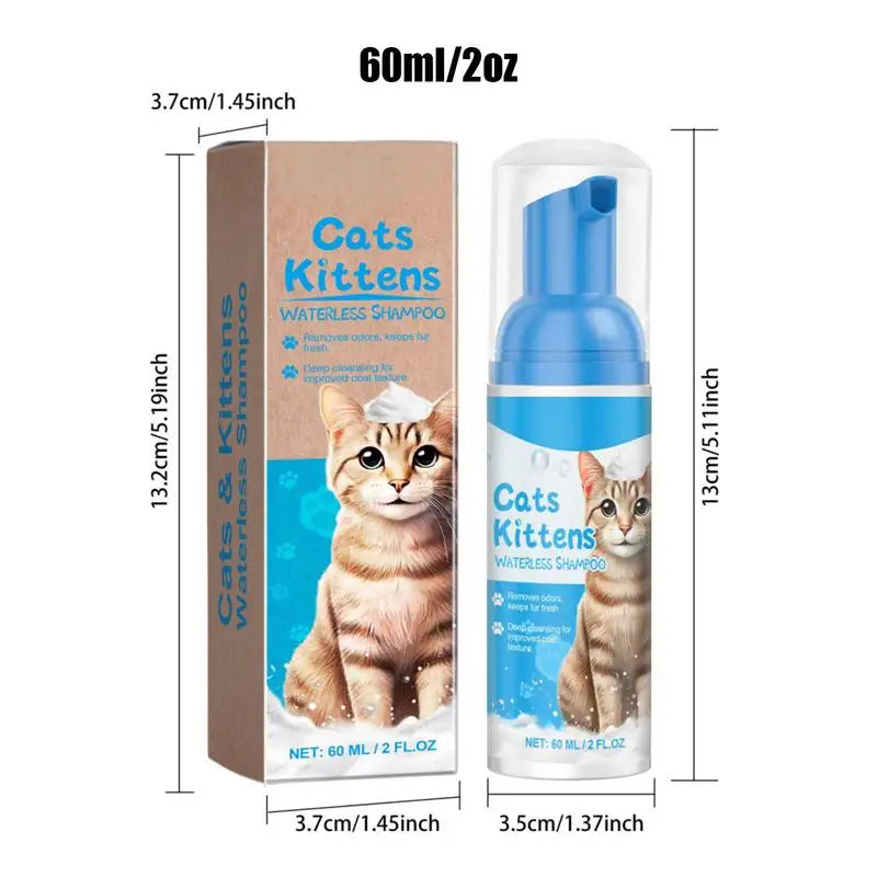 Shampoo antipulgas seco para gatos, de secagem rápida, sem enxágue e seguro para lamber – fórmula suave em espuma, ideal para a higiene prática dos felinos.