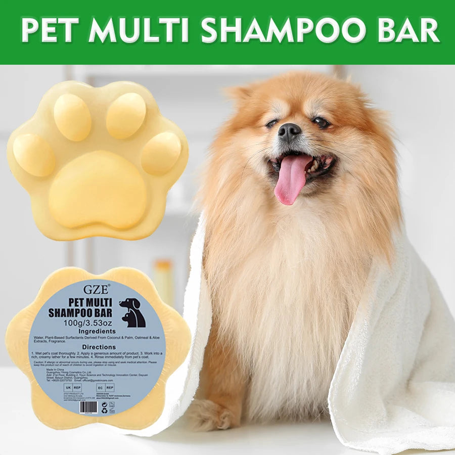 Sabonete em barra 2 em 1 (shampoo e condicionador) da GZE para cães e gatos, ideal para pele sensível, ajudando no alívio de coceiras, irritações, alergias e manchas quentes.
