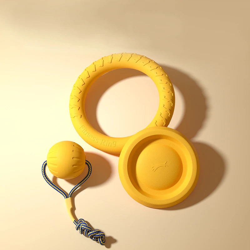 Kit com 4 brinquedos duráveis para cães, incluindo disco voador, bola, corda de rebocador e acessórios para limpeza dental resistentes à mastigação, para filhotes e adultos.