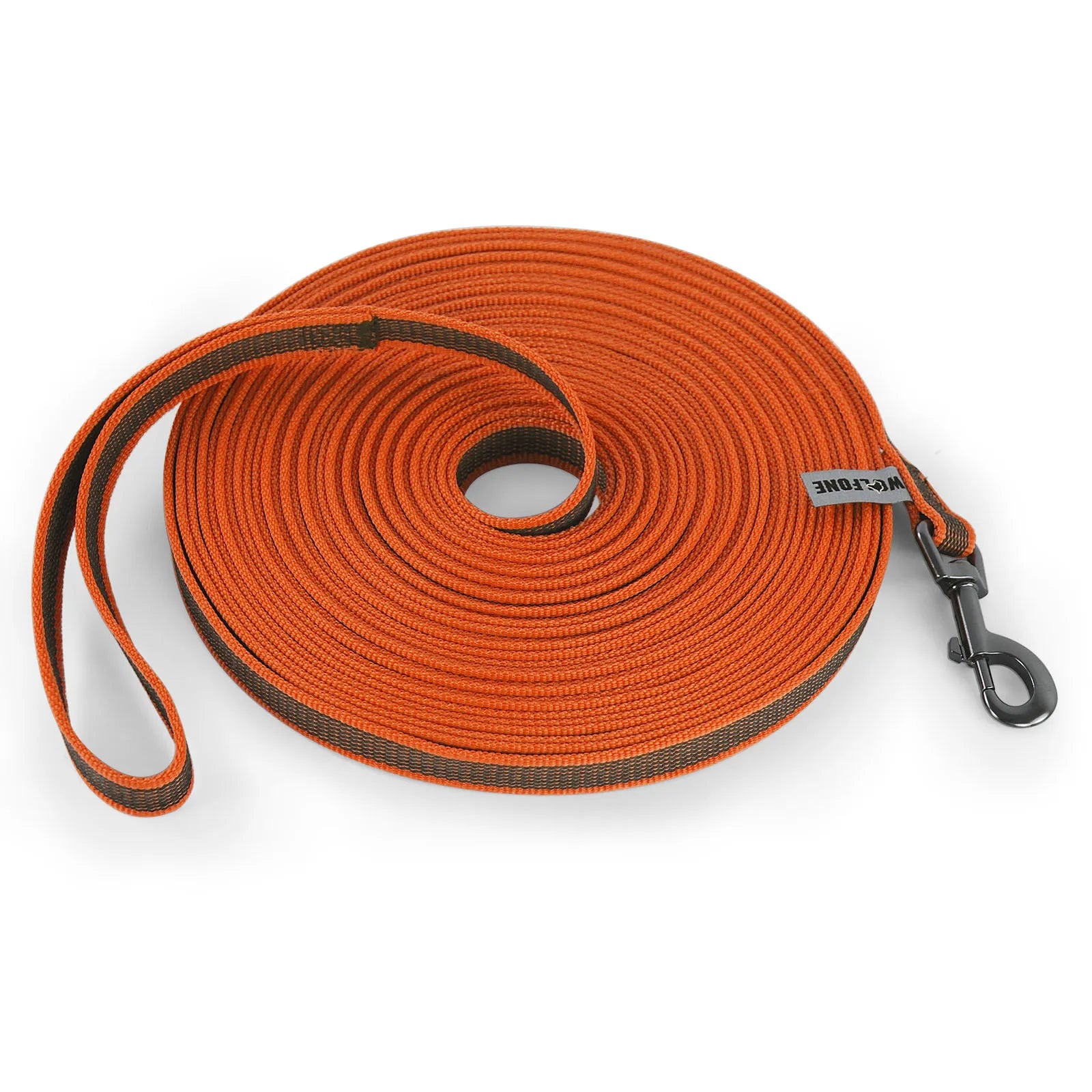Guia para cães de vários tamanhos (1,5m a 15m), feita em látex e seda, dupla cor, ideal para treinamento fácil e prático.