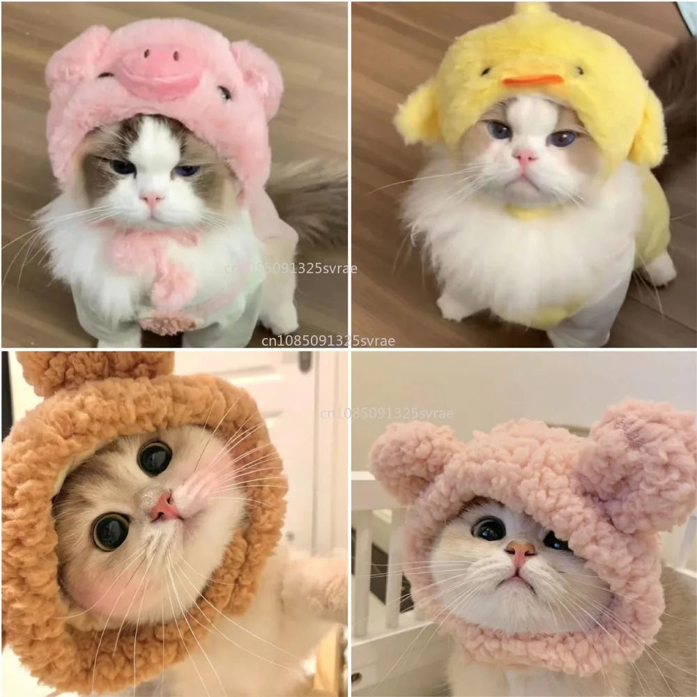 Chapéu fofo e aconchegante para gatos e filhotes, feito de pelúcia ou malha com elástico, ideal para o inverno, festas, cosplay ou decoração pet.
