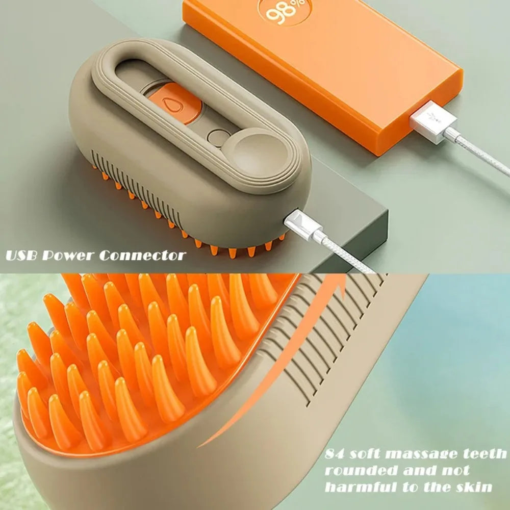 Escova elétrica 3 em 1 para gatos e cães, com função de vapor, pulverizador e massagem, ideal para tosa e cuidado confortável dos pets.