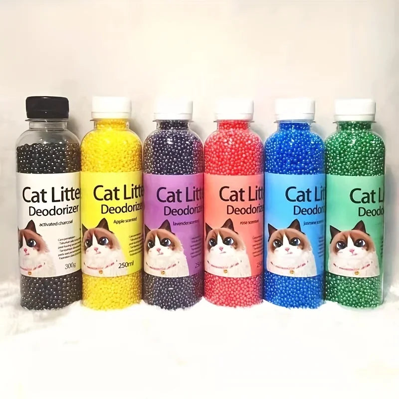 Desodorante em grânulos para caixa de areia de gatos, com 6 fragrâncias, ajuda a absorver odores e manter o banheiro do pet mais limpo e cheiroso.