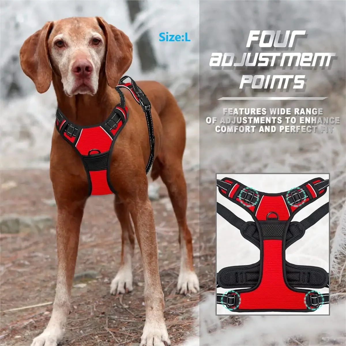 Coleira peitoral resistente para cães grandes, com clipe frontal antitranco, alça de controle fácil e tiras refletivas para maior segurança.