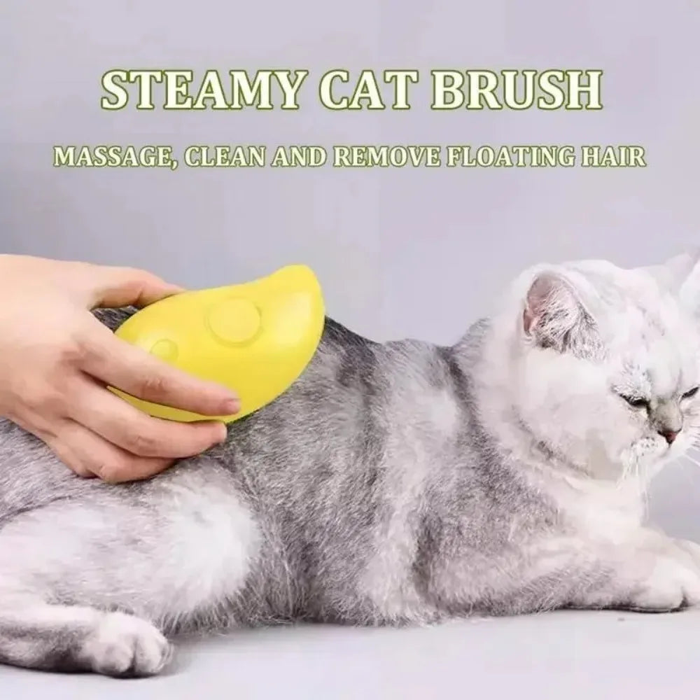 Escova elétrica 3 em 1 para gatos e cães, com função de vapor, pulverizador e massagem, ideal para tosa e cuidado confortável dos pets.