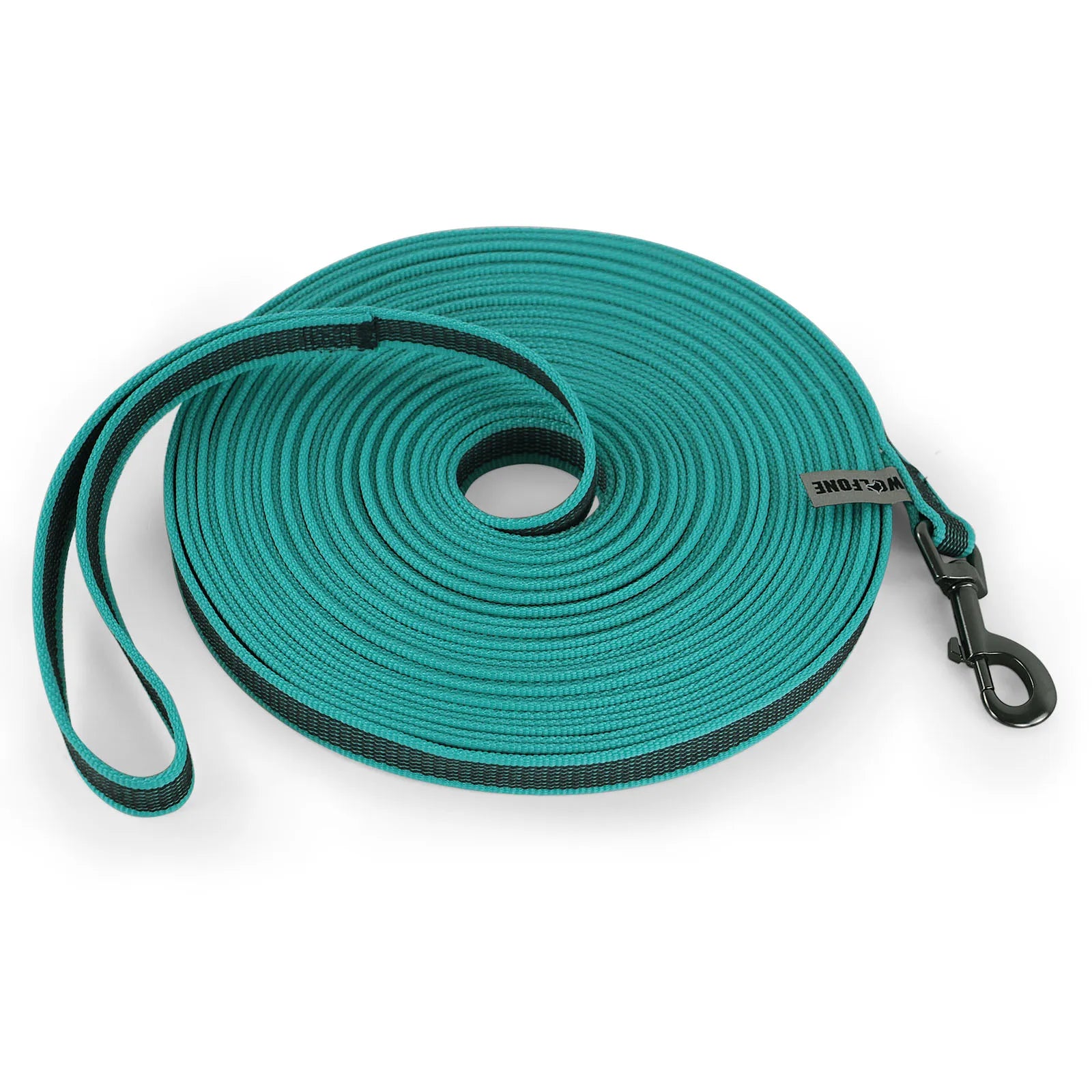 Guia para cães de vários tamanhos (1,5m a 15m), feita em látex e seda, dupla cor, ideal para treinamento fácil e prático.