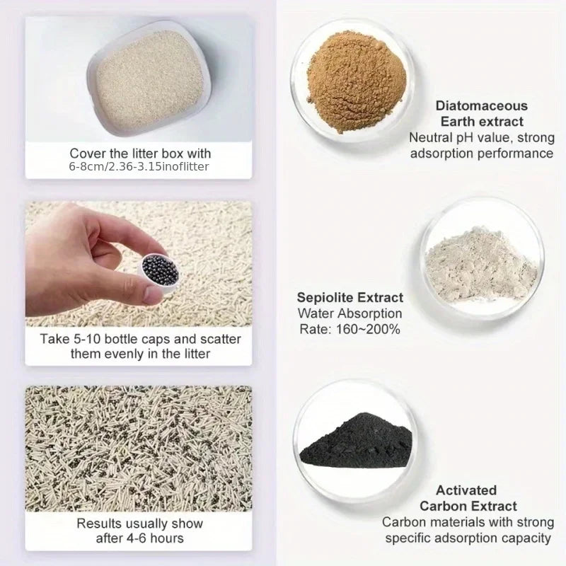 Desodorante em grânulos para caixa de areia de gatos, com 6 fragrâncias, ajuda a absorver odores e manter o banheiro do pet mais limpo e cheiroso.