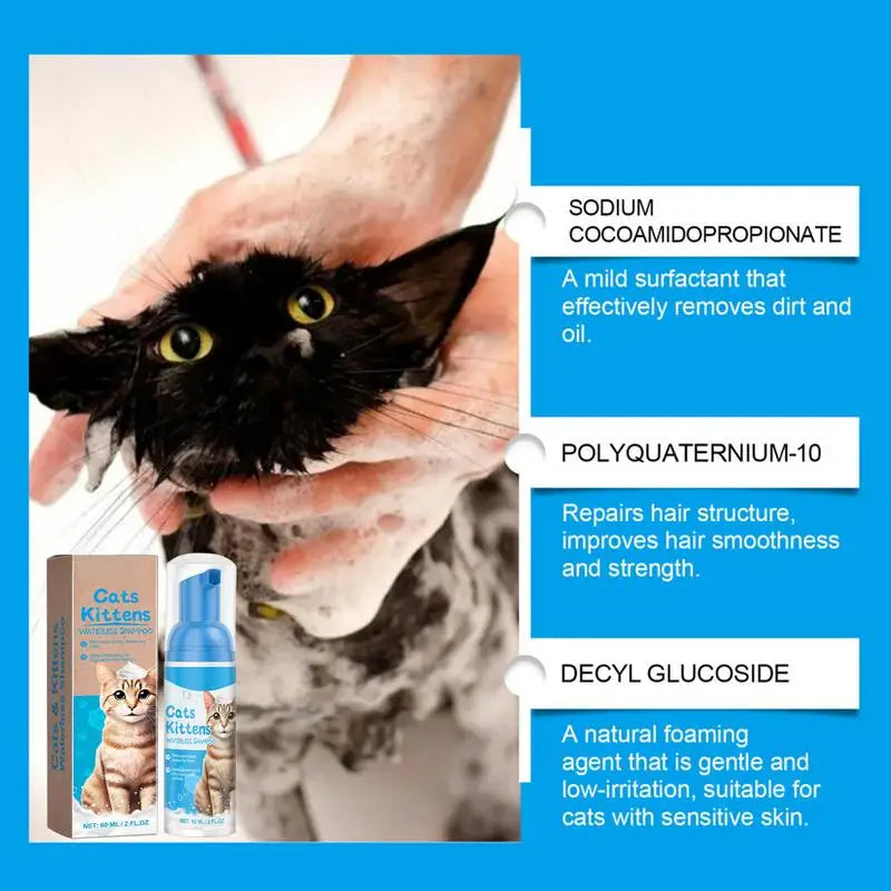 Shampoo antipulgas seco para gatos, de secagem rápida, sem enxágue e seguro para lamber – fórmula suave em espuma, ideal para a higiene prática dos felinos.