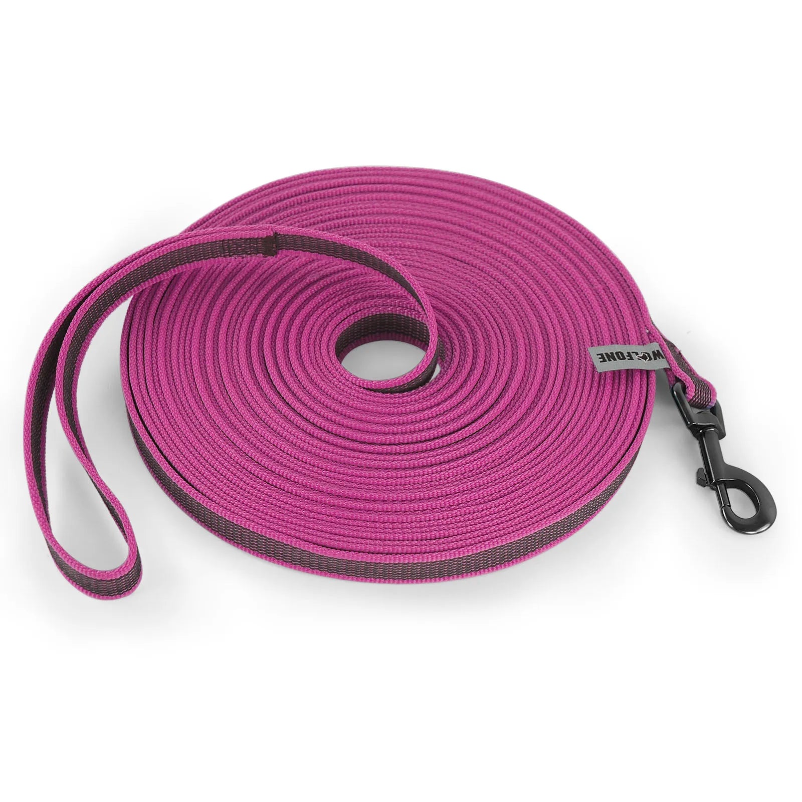 Guia para cães de vários tamanhos (1,5m a 15m), feita em látex e seda, dupla cor, ideal para treinamento fácil e prático.