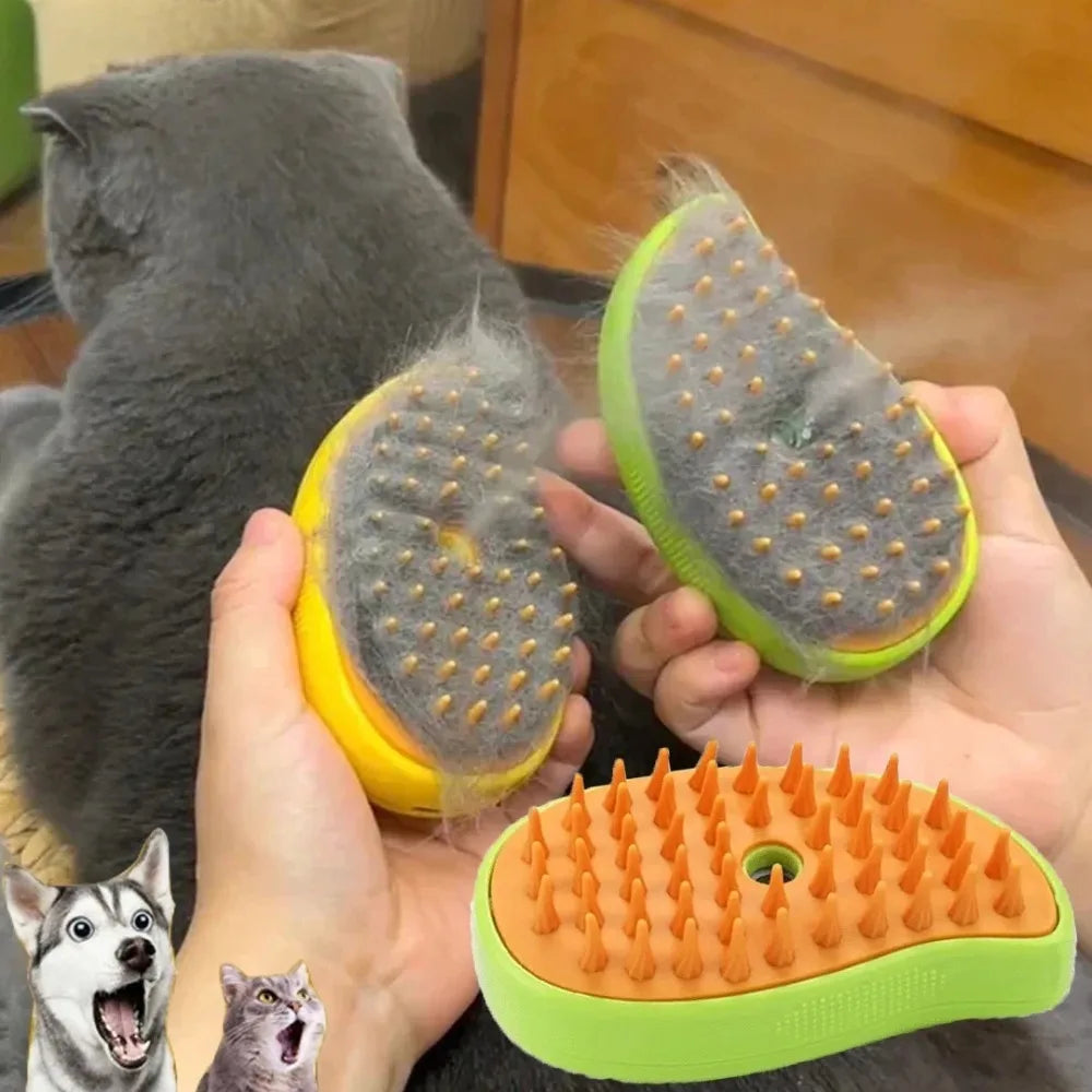 Escova elétrica 3 em 1 para gatos e cães, com função de vapor, pulverizador e massagem, ideal para tosa e cuidado confortável dos pets.