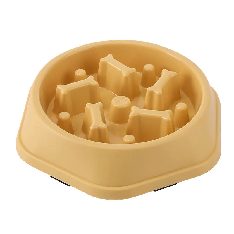 Tigela de comida lenta para cães e gatos, antiderrapante, redonda e espessa, ajuda a reduzir a gordura e promove uma alimentação mais saudável; disponível em várias cores e formatos.