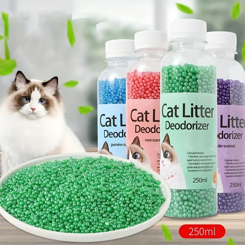 Desodorante em grânulos para caixa de areia de gatos, com 6 fragrâncias, ajuda a absorver odores e manter o banheiro do pet mais limpo e cheiroso.