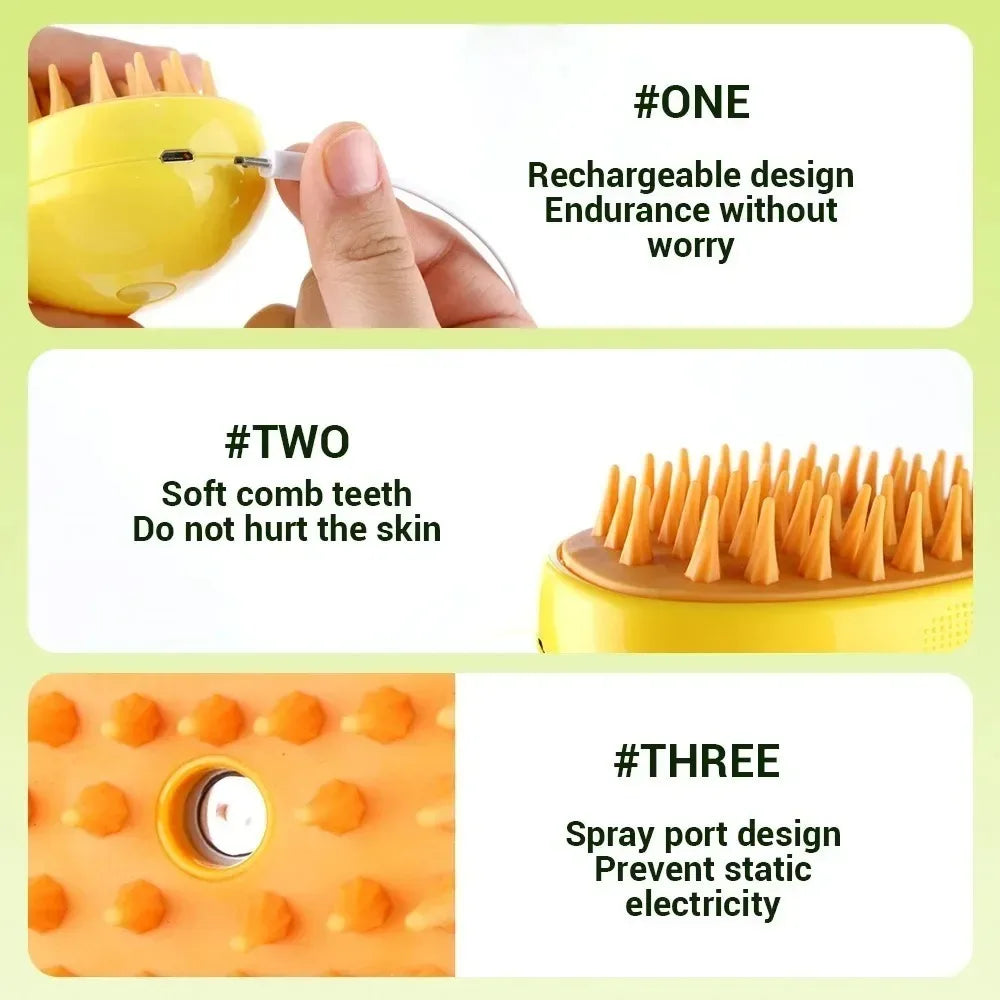 Escova elétrica 3 em 1 para gatos e cães, com função de vapor, pulverizador e massagem, ideal para tosa e cuidado confortável dos pets.