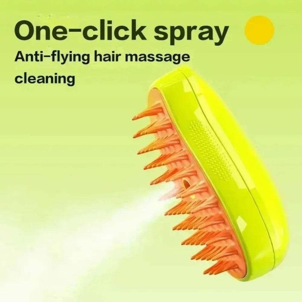 Escova elétrica 3 em 1 para gatos e cães, com função de vapor, pulverizador e massagem, ideal para tosa e cuidado confortável dos pets.