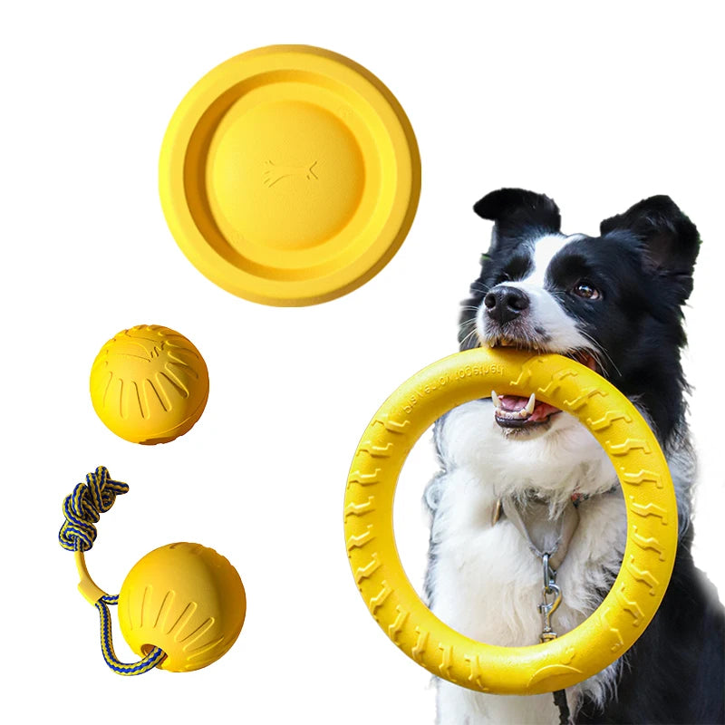Kit com 4 brinquedos duráveis para cães, incluindo disco voador, bola, corda de rebocador e acessórios para limpeza dental resistentes à mastigação, para filhotes e adultos.