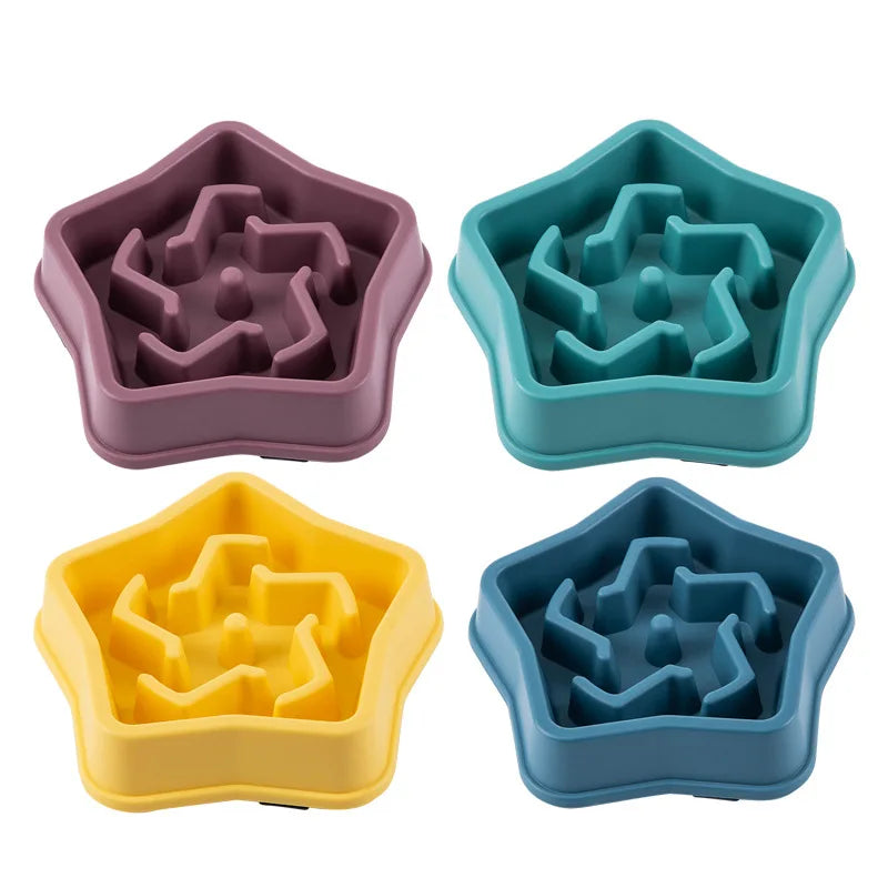 Tigela de comida lenta para cães e gatos, antiderrapante, redonda e espessa, ajuda a reduzir a gordura e promove uma alimentação mais saudável; disponível em várias cores e formatos.
